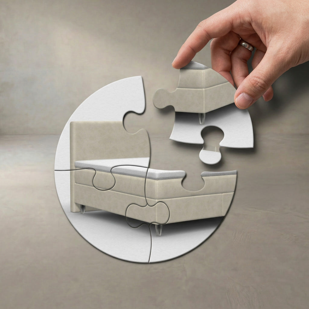 Hand setzt das letzte Puzzleteil eines Boxspringbetts ein – Symbol für den einfachen Aufbau in wenigen Schritten.