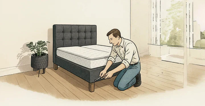 Einfacher Aufbau eines enjoy schlafsysteme Boxspringbetts mit Massivholz-Box und 7-Zonen-Tonnentaschenfederkern.