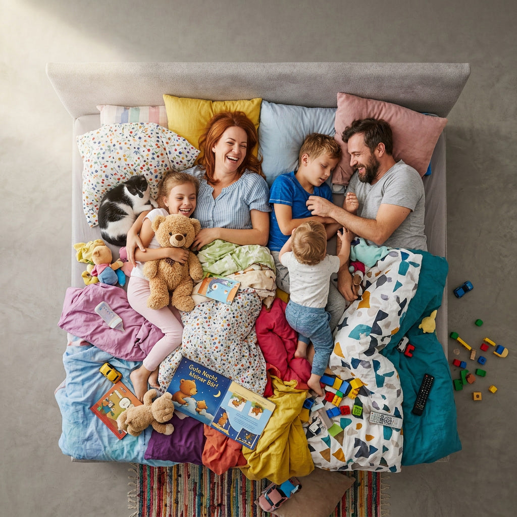 Familie mit drei Kindern in einem Boxspring Familienbett 240 x 200 cm von enjoy schlafsysteme – gemeinsames Kuscheln, Spielen und Entspannen im großzügigen Familienbett.