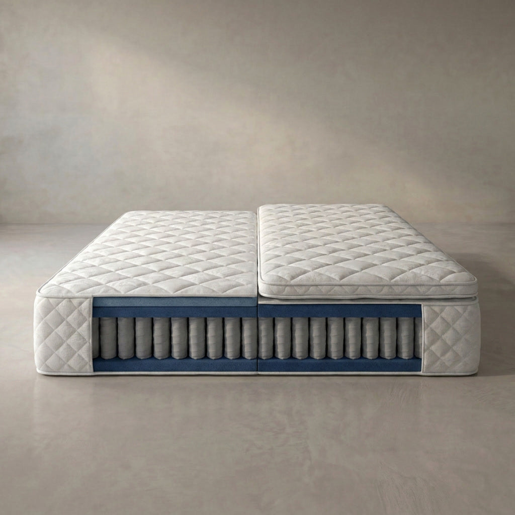 Boxspringbett von vorne, Querschnitt mit sichtbarem Federkern und gestepptem Bezug