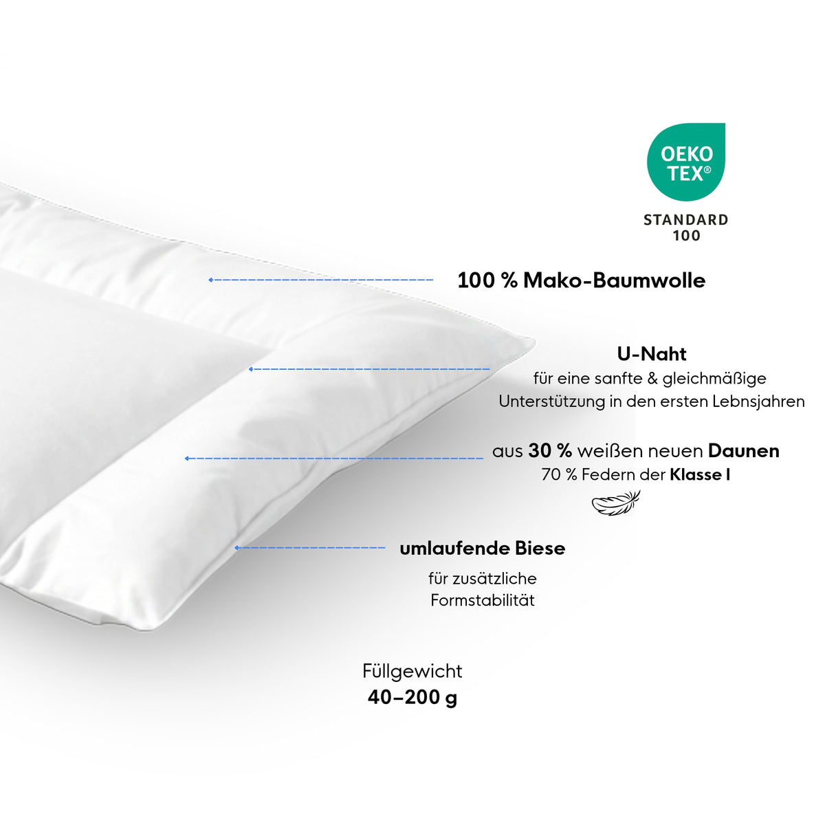 Baby-Feder-Daunen-Flachkissen mit U-Naht