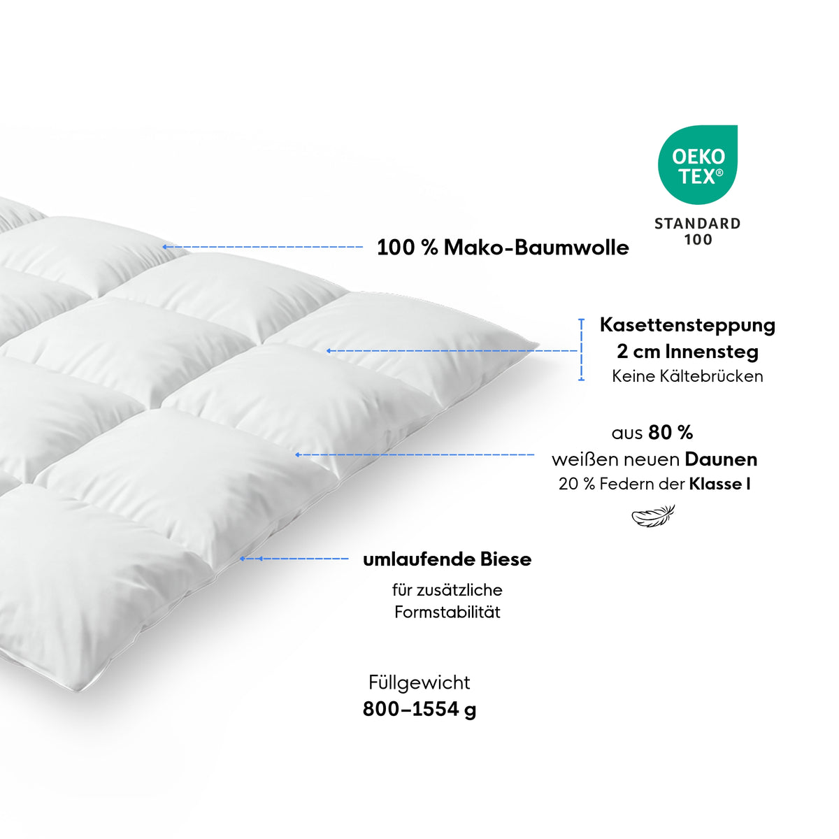 Daunen-Kassetten-Decke Plus mit Mako-Einschütte und Biese
